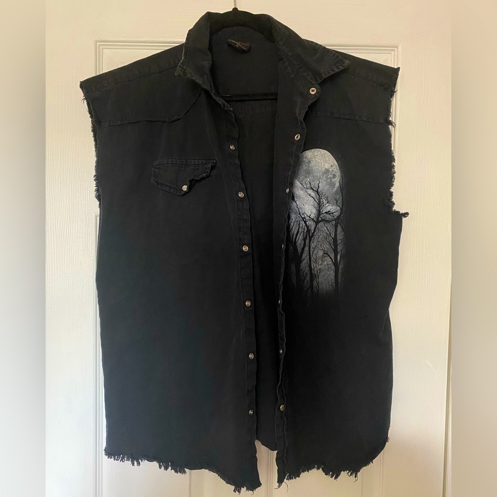Spiral Denim Vest with Wolf Design